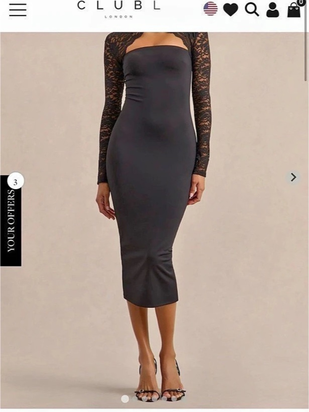 Club London Arlune Black High-Neck Midi Dress With Long Lace Sleeves Black Lace